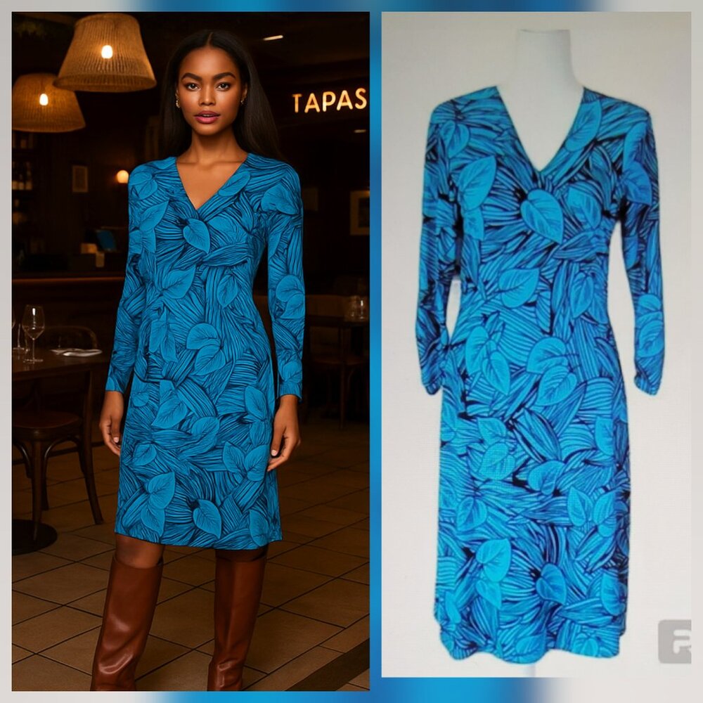 VTG Laura Ashley Vibrant Blue and Mocha Brown Jersey Knit Bodycon Midi Dress S/M